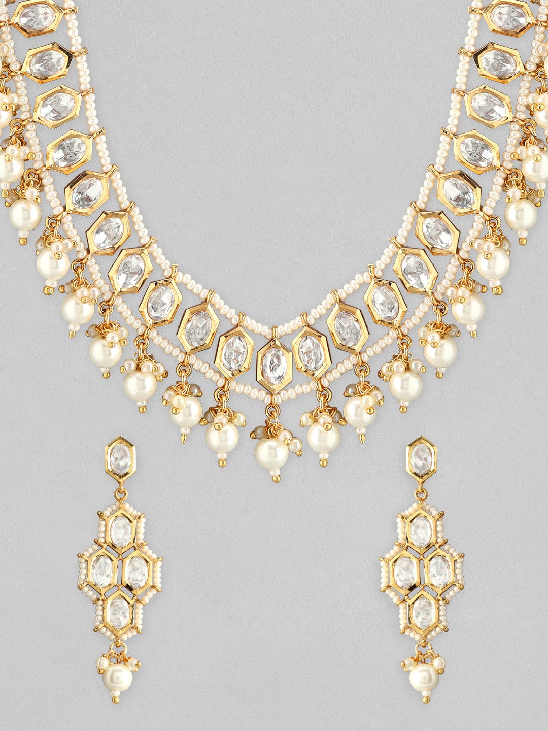 Rubans 18K Gold-Plated White Kundan Choker Necklace Set With White Beads And Pearls