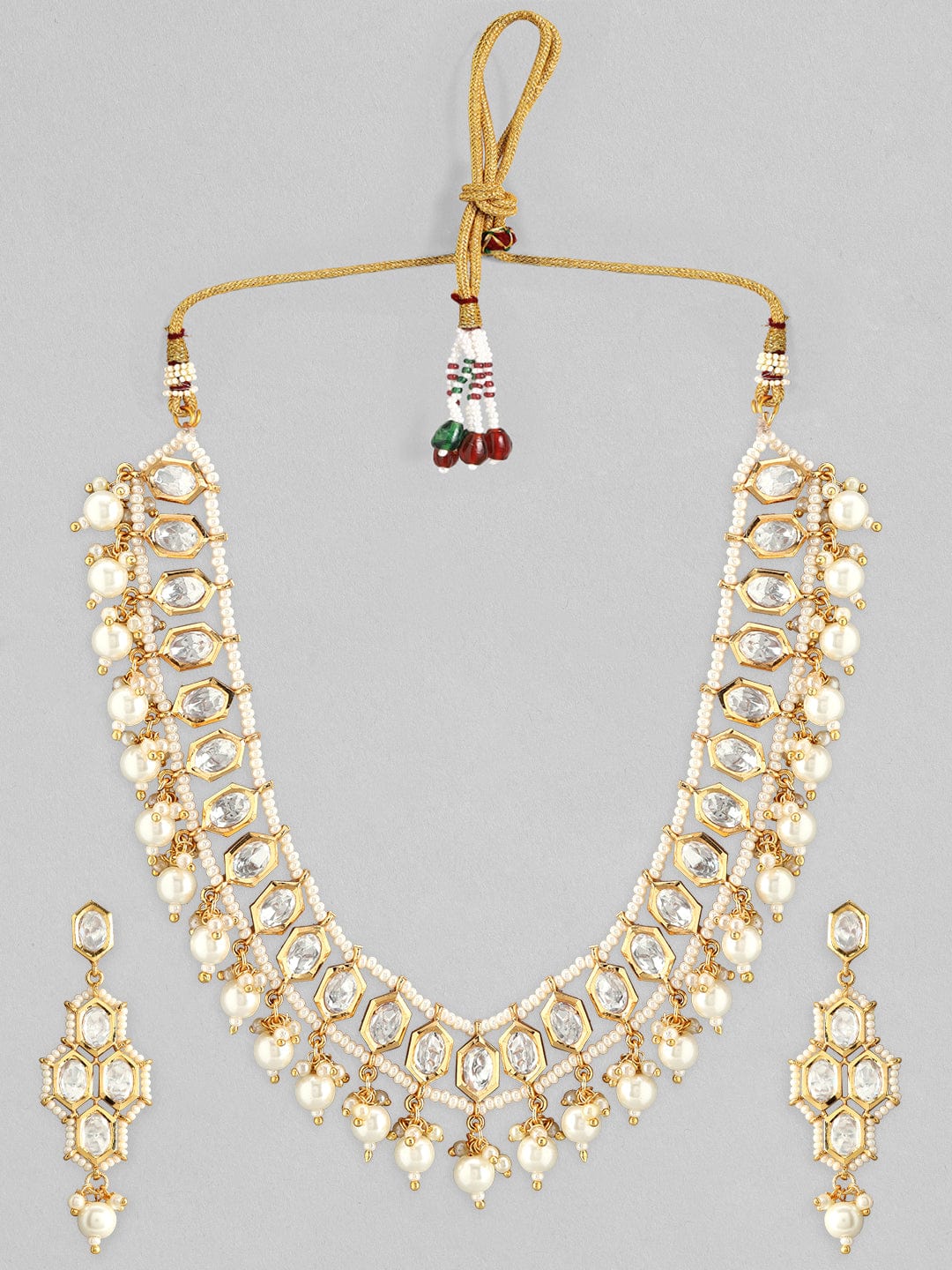 Rubans 18K Gold-Plated White Kundan Choker Necklace Set With White Beads And Pearls