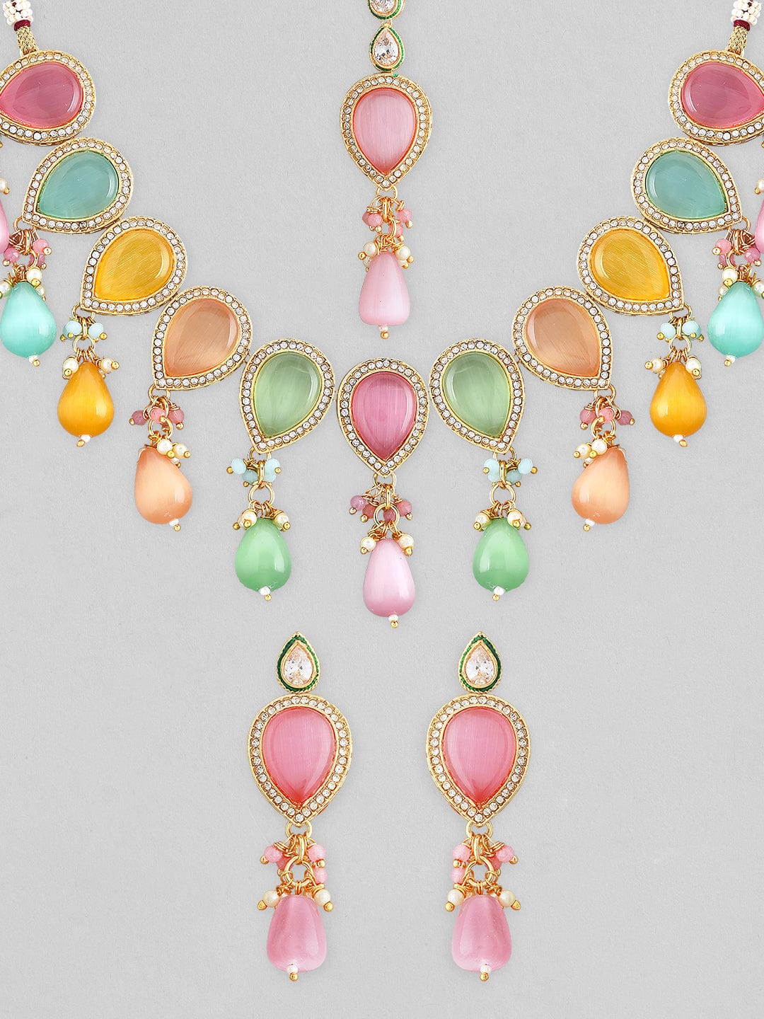 Rubans Gold Plated Necklace Set With Multicoloured Stones And Beads.