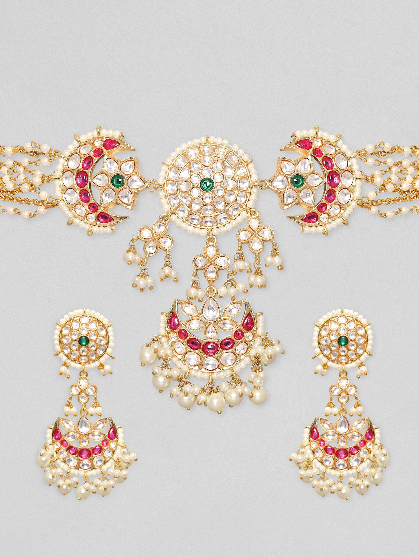 Rubans Gold Plated Polki Studded Red Enamel Beaded Choker Necklace Set