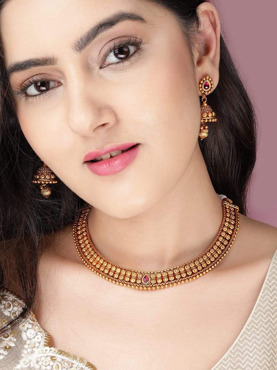 Rubans 22K Gold-Plated Ruby Pink & Kundan Studded Temple Necklace Set with Jhumka Earrings