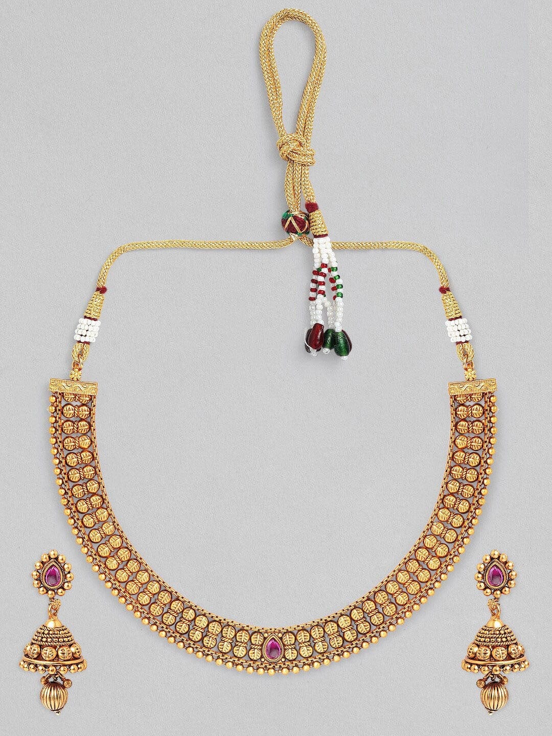 Rubans 22K Gold-Plated Ruby Pink & Kundan Studded Temple Necklace Set with Jhumka Earrings