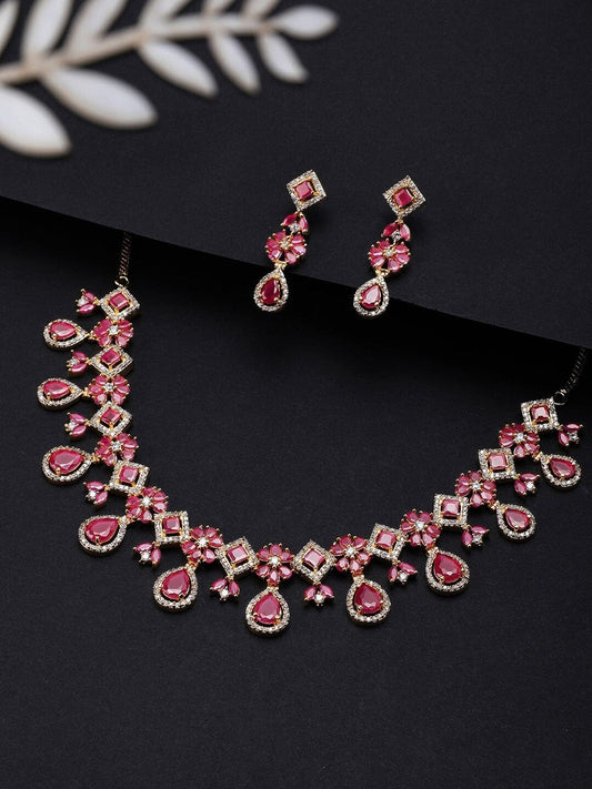 Rubans 22K Gold-Plated Ruby Pink & White Cubic Zirconia Studded Floral Drop Necklace Set