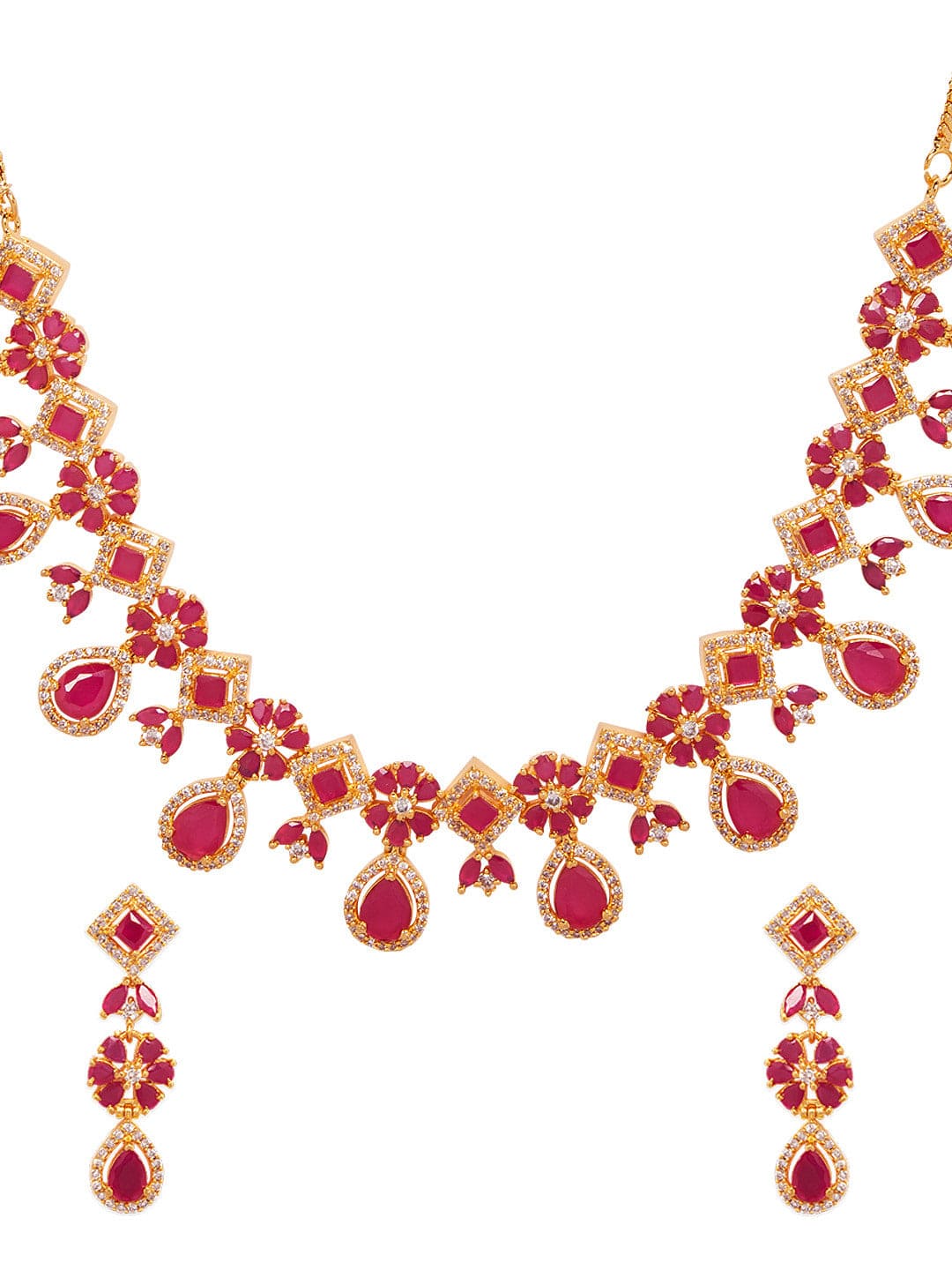 Rubans 22K Gold-Plated Ruby Pink & White Cubic Zirconia Studded Floral Drop Necklace Set