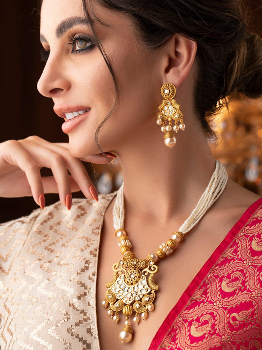 Rubans 22K Gold-Plated White Kundan & Pearl Studded and Beaded Multi-Strand Necklace Set