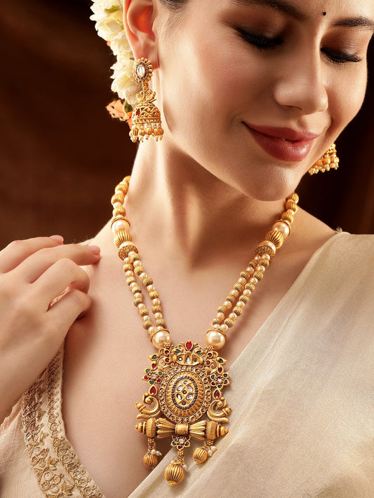 Rubans 22K Gold-Plated Red Enamel Kundan Studded Necklace Set with Golden Pearls