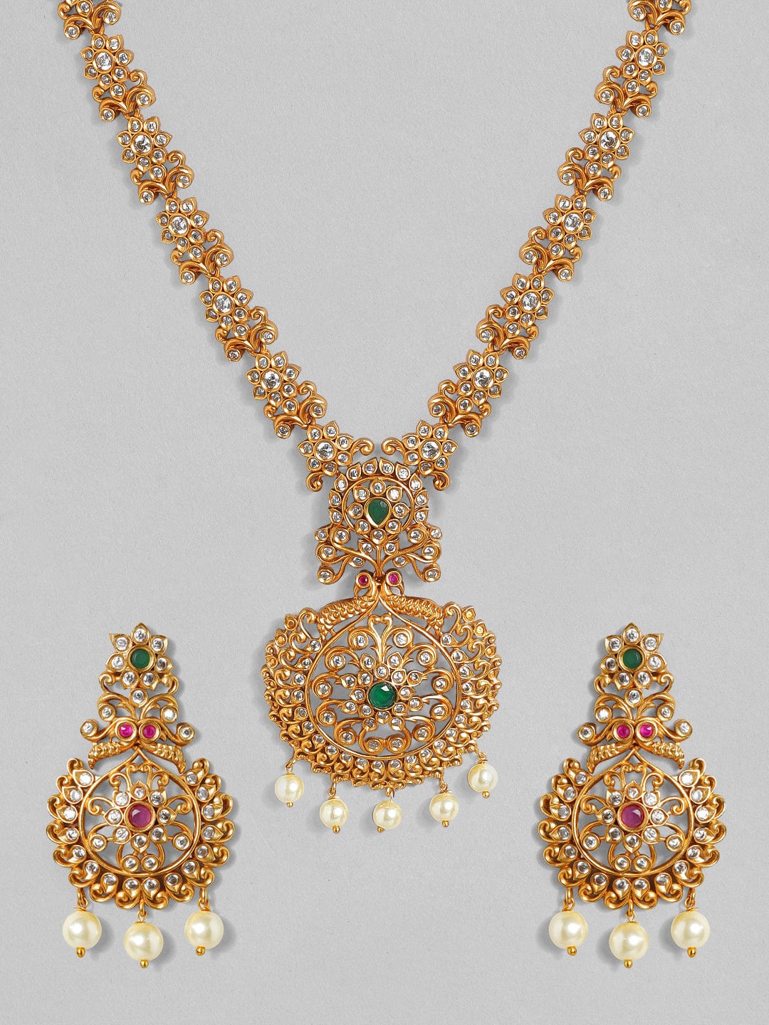 Rubans 24K Gold Plated Ruby, Emerald & Cubic Zirconia Studded Temple Necklace Set with Pearl Beaded