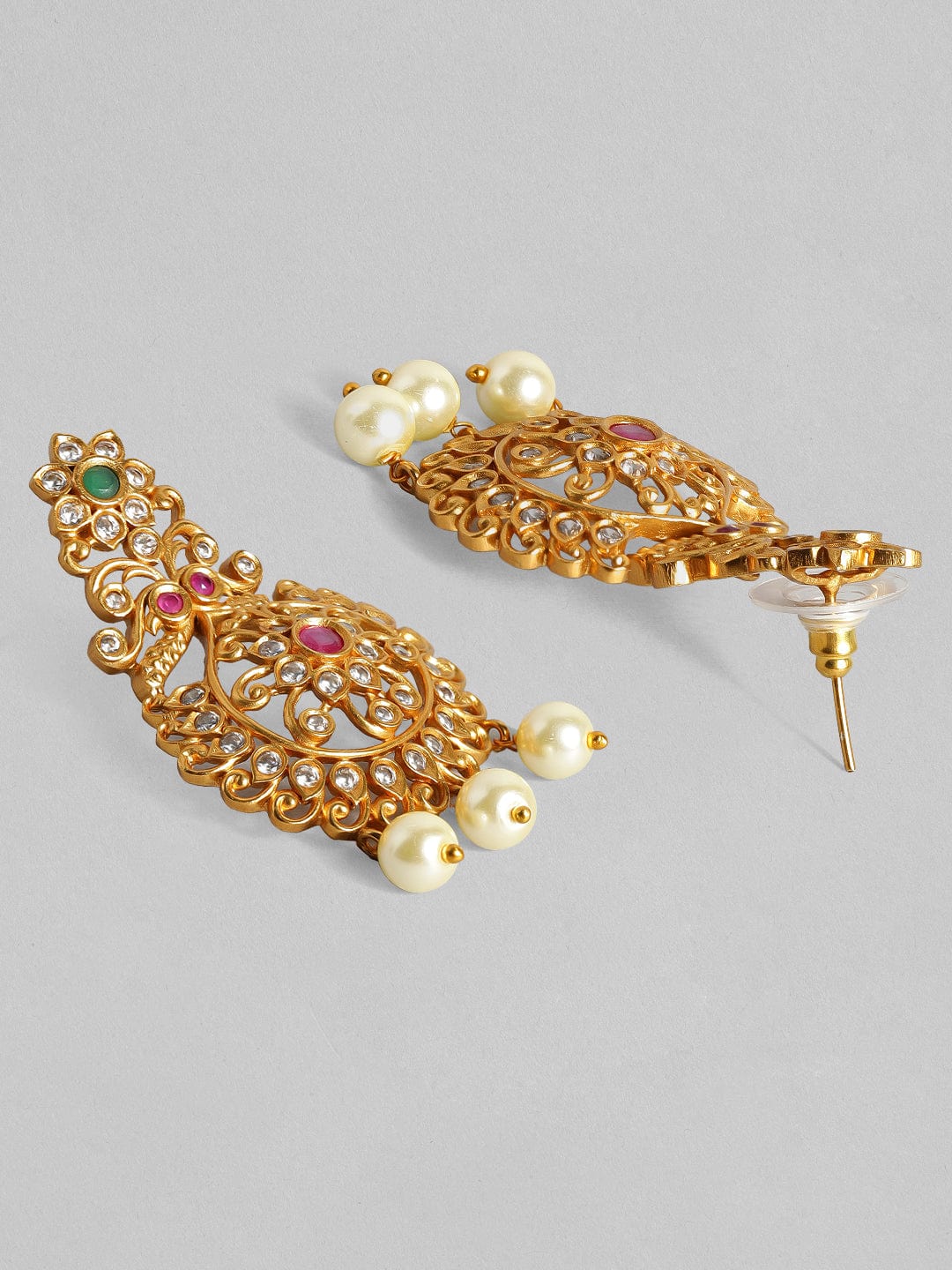 Rubans 24K Gold Plated Ruby, Emerald & Cubic Zirconia Studded Temple Necklace Set with Pearl Beaded