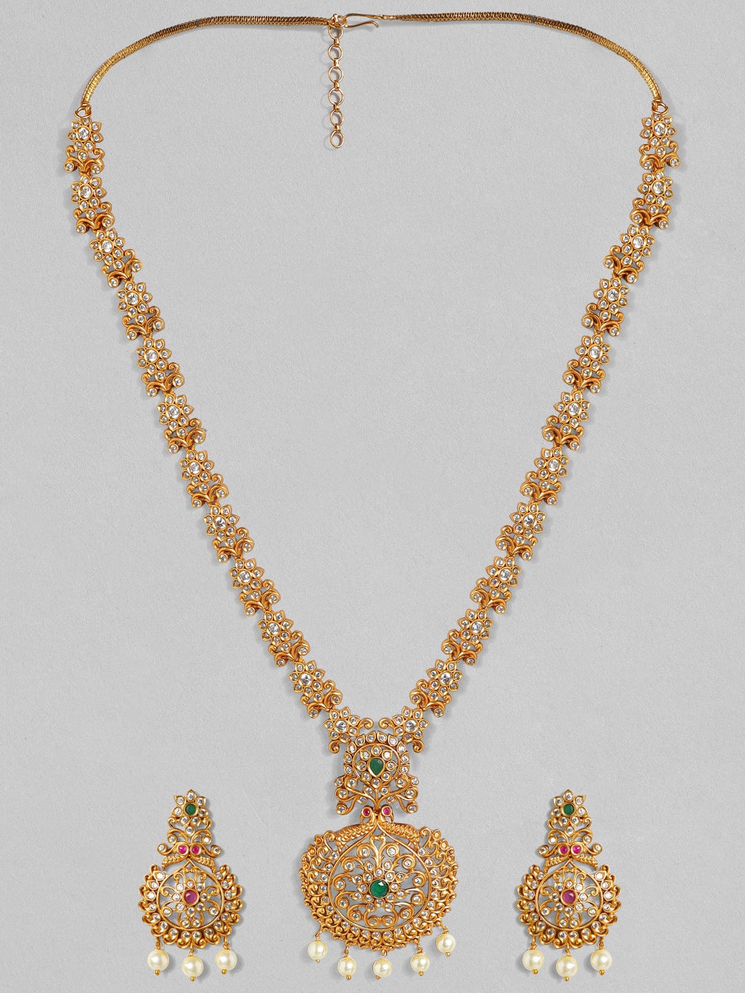 Rubans 24K Gold Plated Ruby, Emerald & Cubic Zirconia Studded Temple Necklace Set with Pearl Beaded