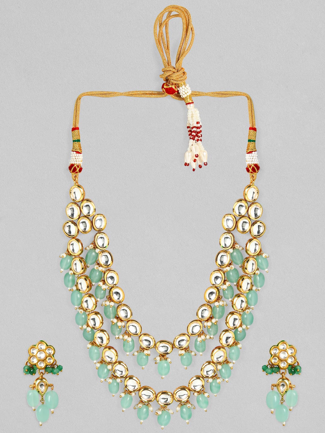 Rubans Luxury 24K Gold Plated Handcrafted Pachi Kundan & Green Beads Layered Necklace Set