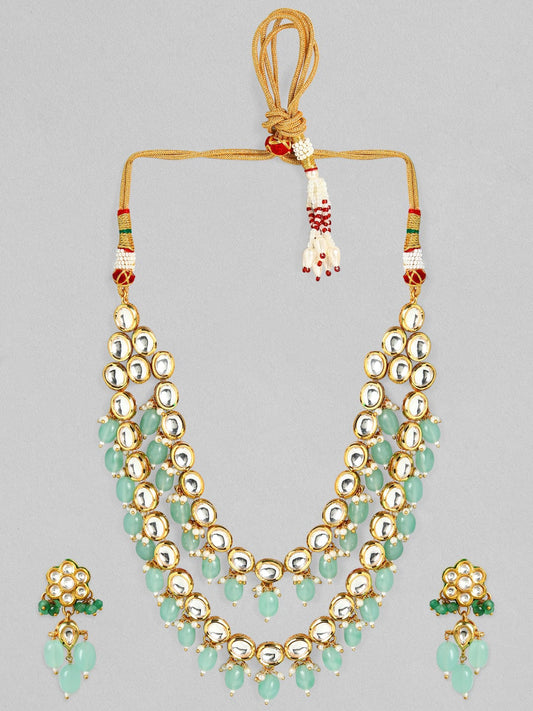 Rubans Luxury 24K Gold Plated Handcrafted Pachi Kundan & Green Beads Layered Necklace Set