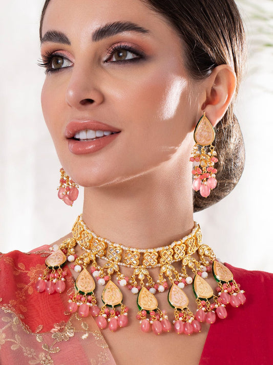 Rubans Luxury 24K Gold Plated Handcrafted Pink Enamel & Pachi Kundan with Pearls Beaded Necklace Set