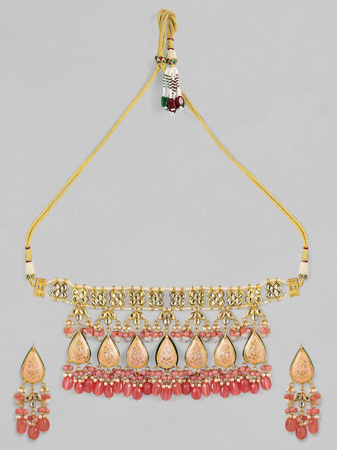Rubans Luxury 24K Gold Plated Handcrafted Pink Enamel & Pachi Kundan with Pearls Beaded Necklace Set