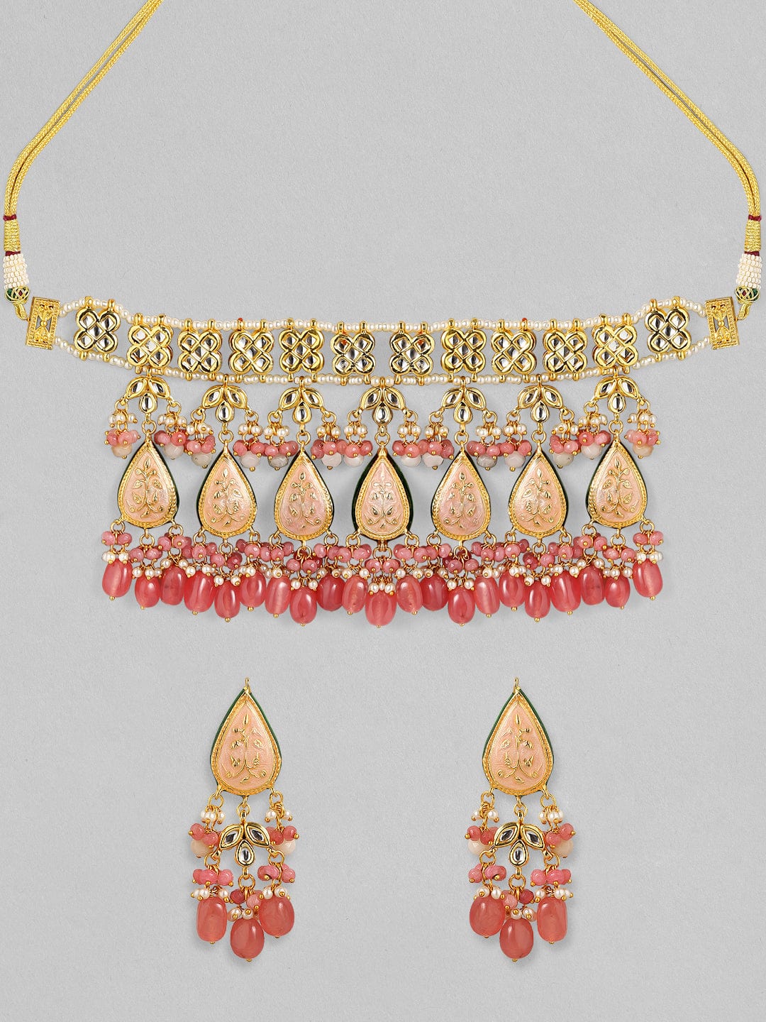 Rubans Luxury 24K Gold Plated Handcrafted Pink Enamel & Pachi Kundan with Pearls Beaded Necklace Set