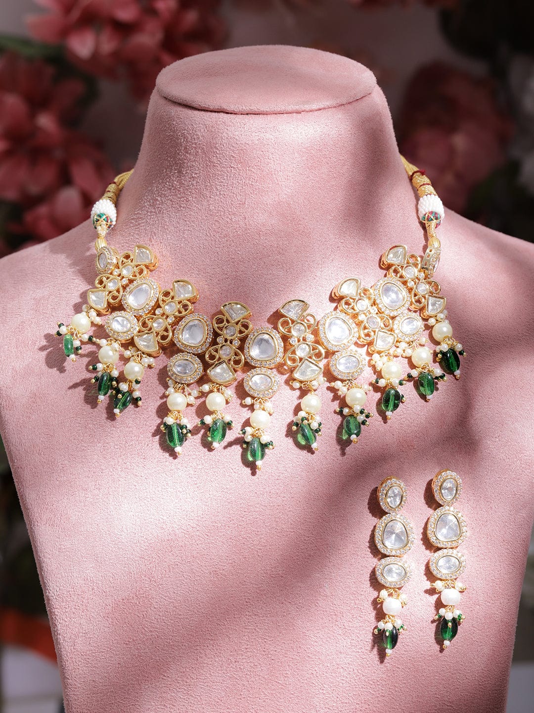 Rubans Luxury Gold Plated Handcrafted Kundan with Beads Necklace Set
