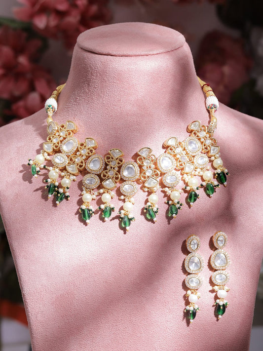Rubans Luxury Gold Plated Handcrafted Kundan with Beads Necklace Set