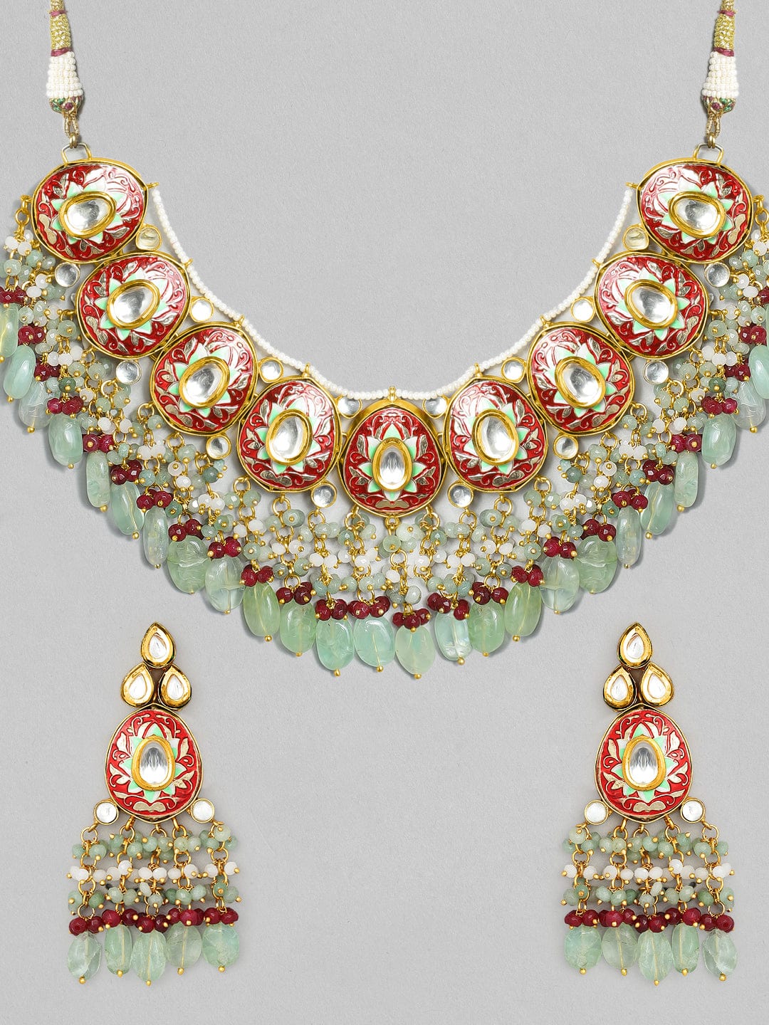 Rubans LUXURY Intricately Handcrafted  22Kt Gold Plated Traditional Red And Green Necklace Set