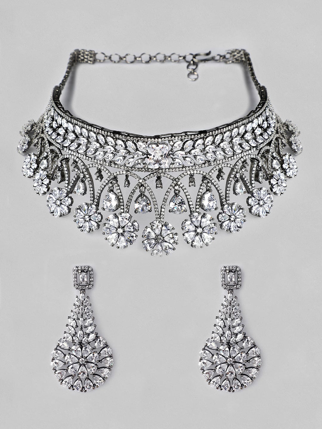 Rubans Luxury Rhodium Plated Zirconia Studded Statement Choker Necklace Set