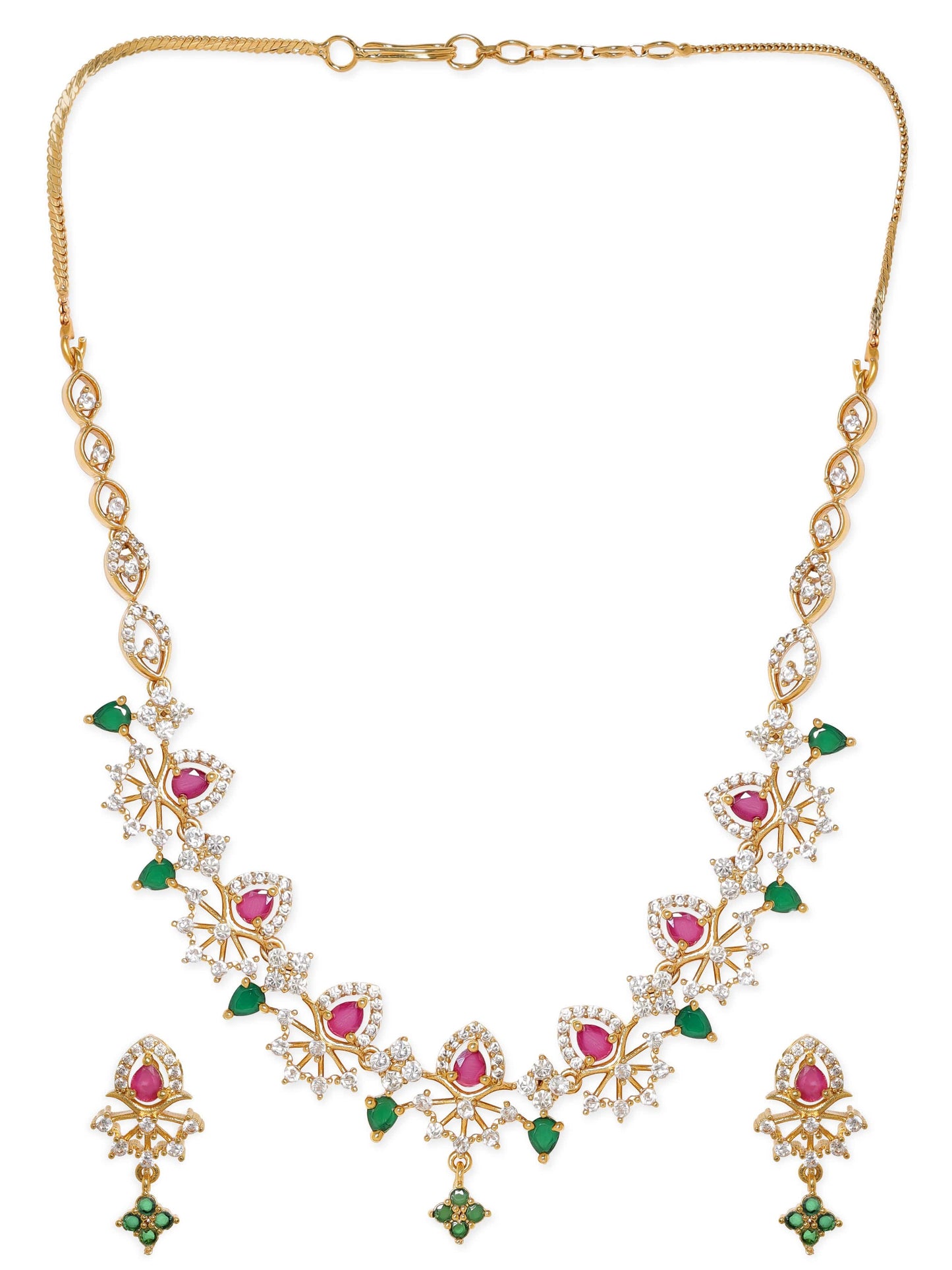 Rubans Opulent Gold-Plated AD & Green Stone Necklace Set