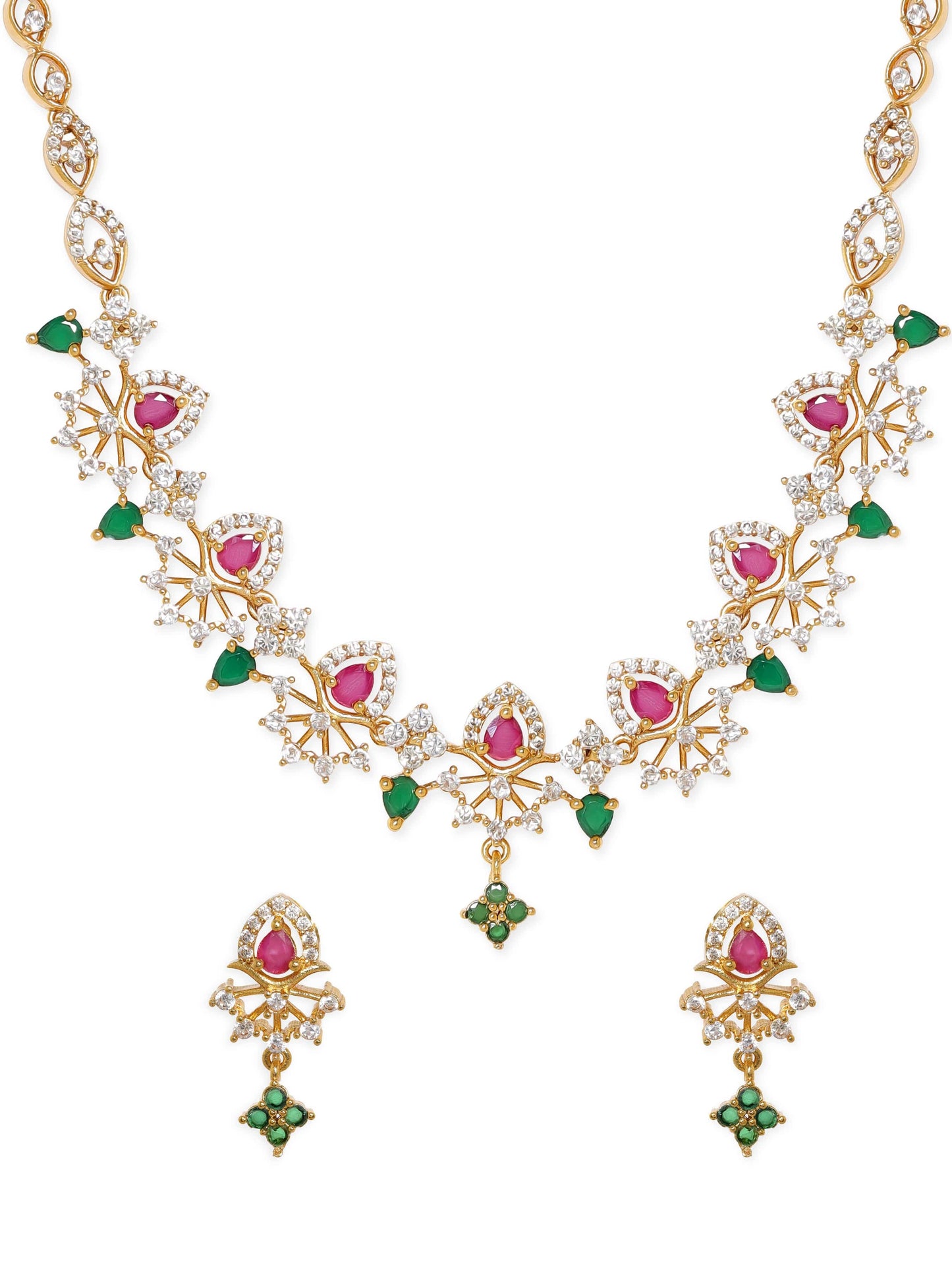 Rubans Opulent Gold-Plated AD & Green Stone Necklace Set