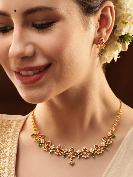 Rubans Opulent Gold-Plated AD & Green Stone Necklace Set