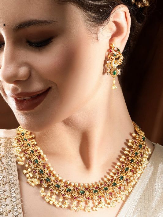 Rubans Opulent Gold Tone Temple Necklace Set with Multicolored Stones