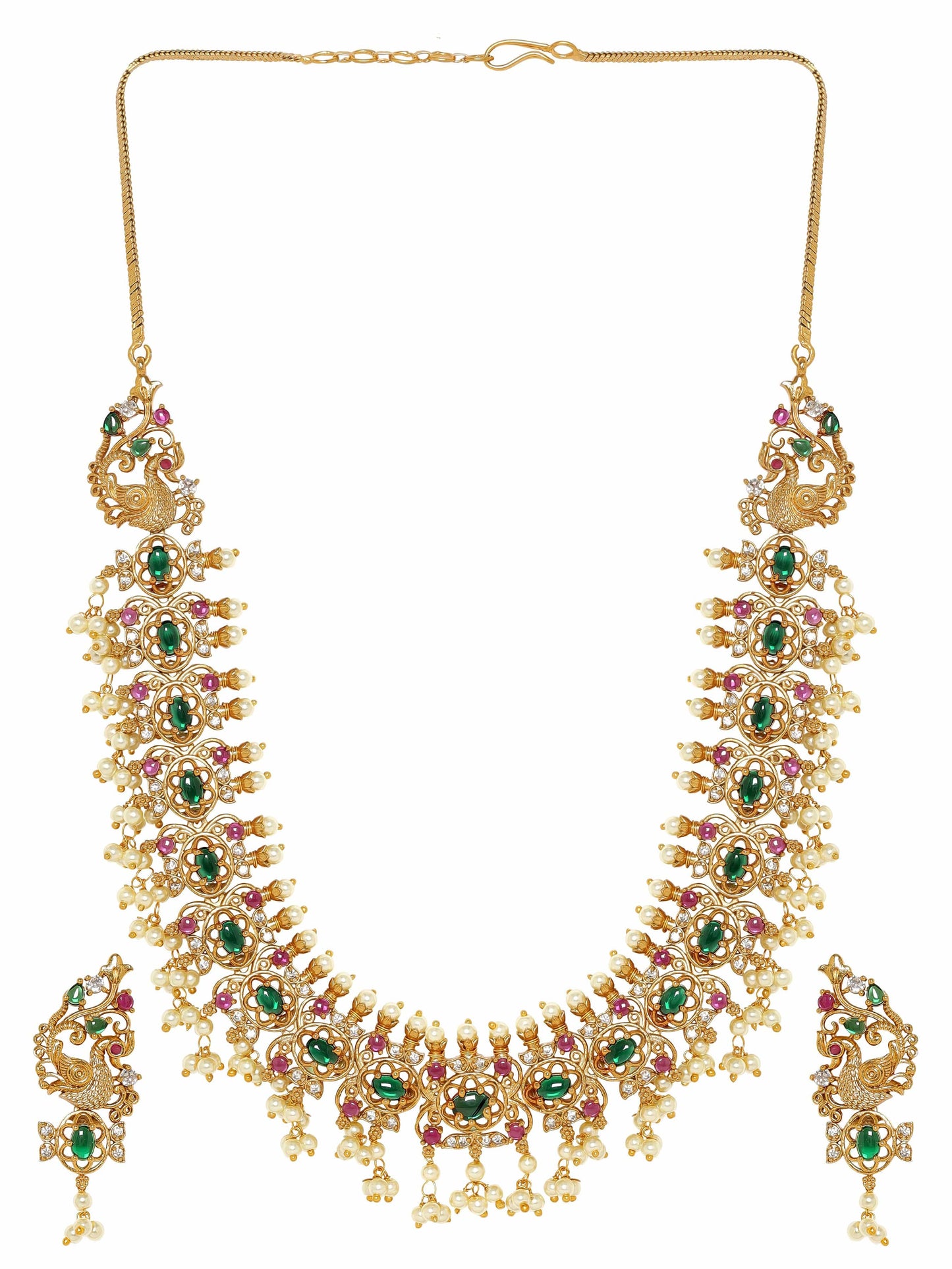 Rubans Opulent Gold Tone Temple Necklace Set with Multicolored Stones