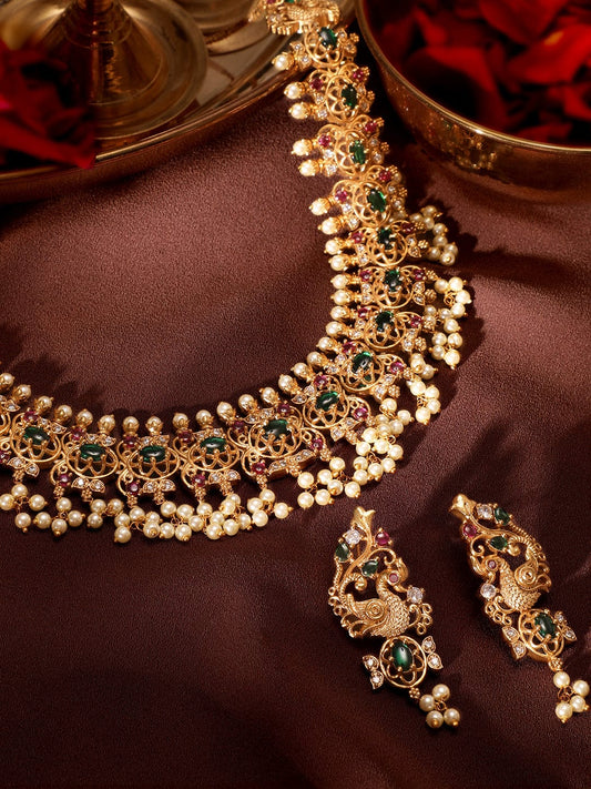 Rubans Opulent Gold Tone Temple Necklace Set with Multicolored Stones