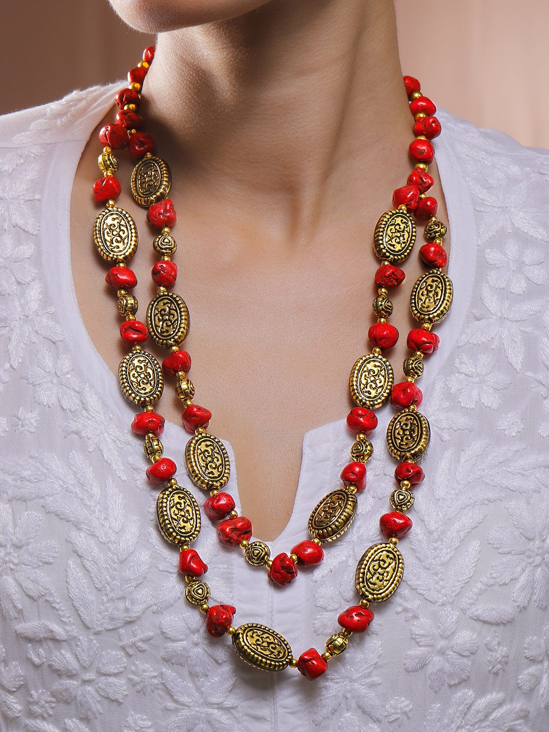 Rubans Oxidised Antique Gold-Plated Dual-Layer Necklace with Red Carved Beads & Tribal Oval Discs