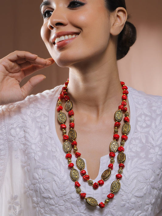Rubans Oxidised Antique Gold-Plated Dual-Layer Necklace with Red Carved Beads & Tribal Oval Discs