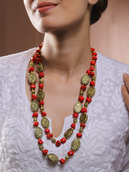 Rubans Oxidised Antique Gold-Plated Dual-Layer Necklace with Red Carved Beads & Tribal Oval Discs