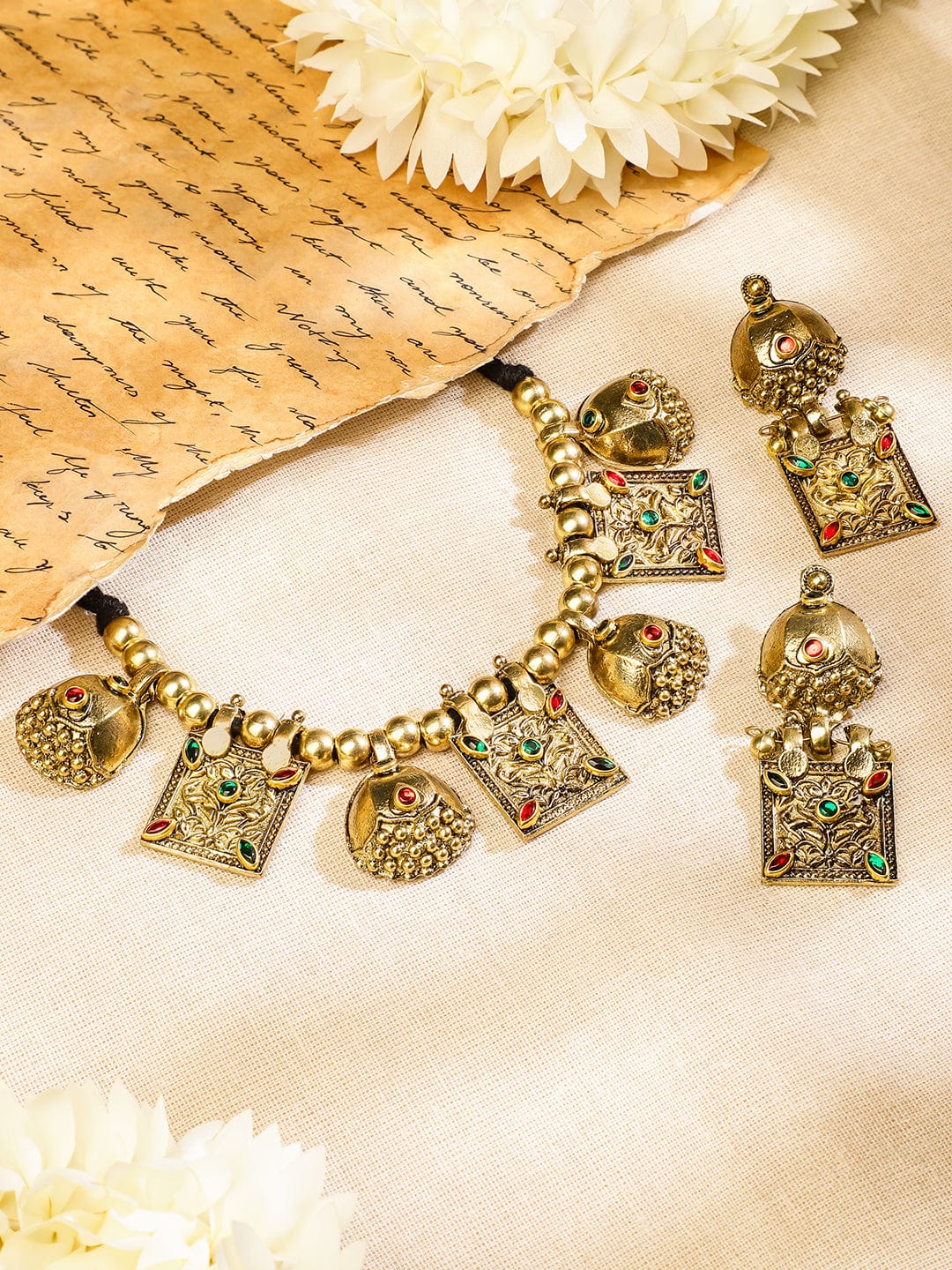 Rubans Oxidised Antique Gold-Plated Tribal Necklace Set with Dome Accents & Red-Green Stones for Women