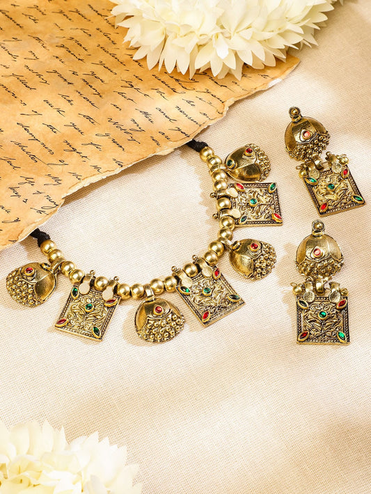 Rubans Oxidised Antique Gold-Plated Tribal Necklace Set with Dome Accents & Red-Green Stones for Women