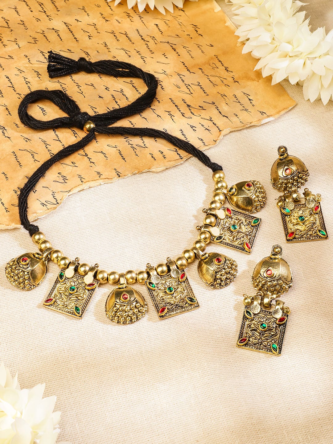 Rubans Oxidised Antique Gold-Plated Tribal Necklace Set with Dome Accents & Red-Green Stones for Women