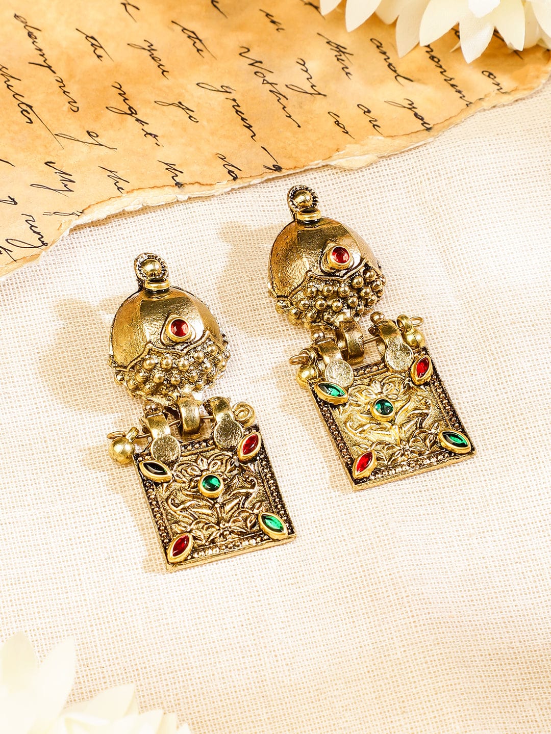 Rubans Oxidised Antique Gold-Plated Tribal Necklace Set with Dome Accents & Red-Green Stones for Women