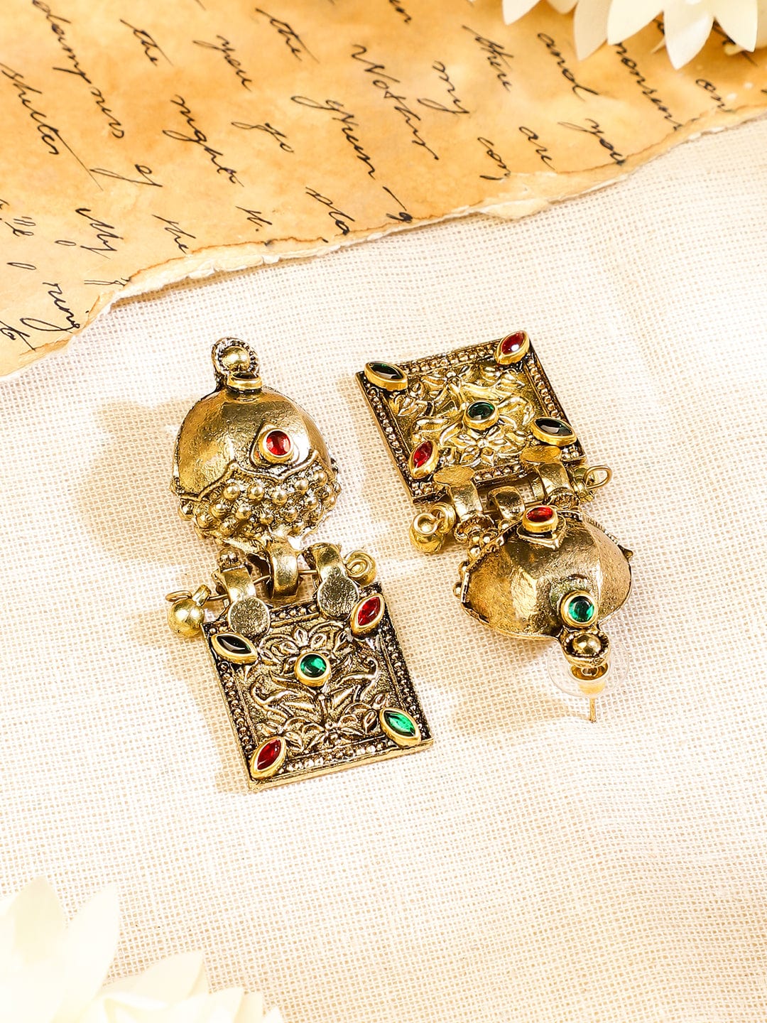 Rubans Oxidised Antique Gold-Plated Tribal Necklace Set with Dome Accents & Red-Green Stones for Women