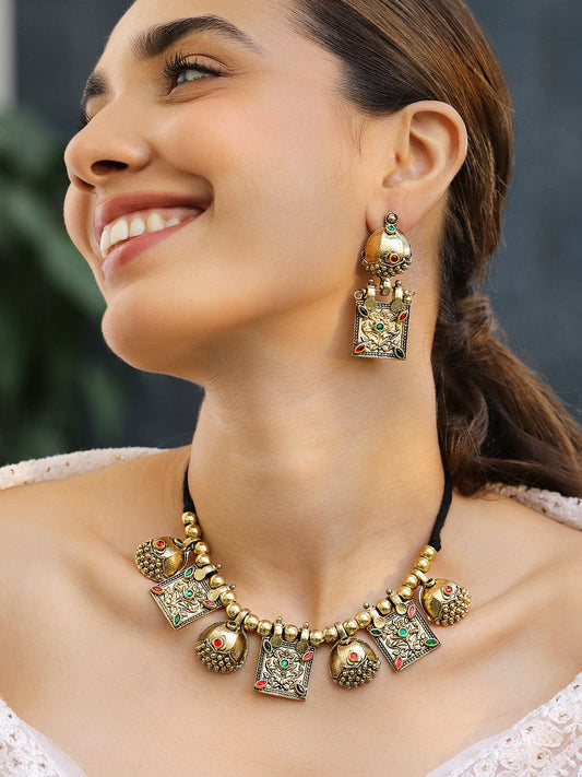 Rubans Oxidised Antique Gold-Plated Tribal Necklace Set with Dome Accents & Red-Green Stones for Women
