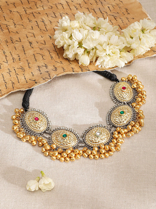 Rubans Oxidised Silver & 22K Gold-Plated Multicolored Stone Studded Traditional Necklace with Golden Beads Accents