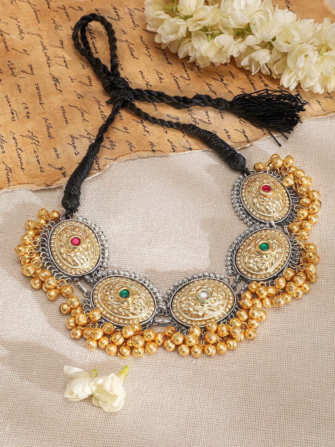 Rubans Oxidised Silver & 22K Gold-Plated Multicolored Stone Studded Traditional Necklace with Golden Beads Accents
