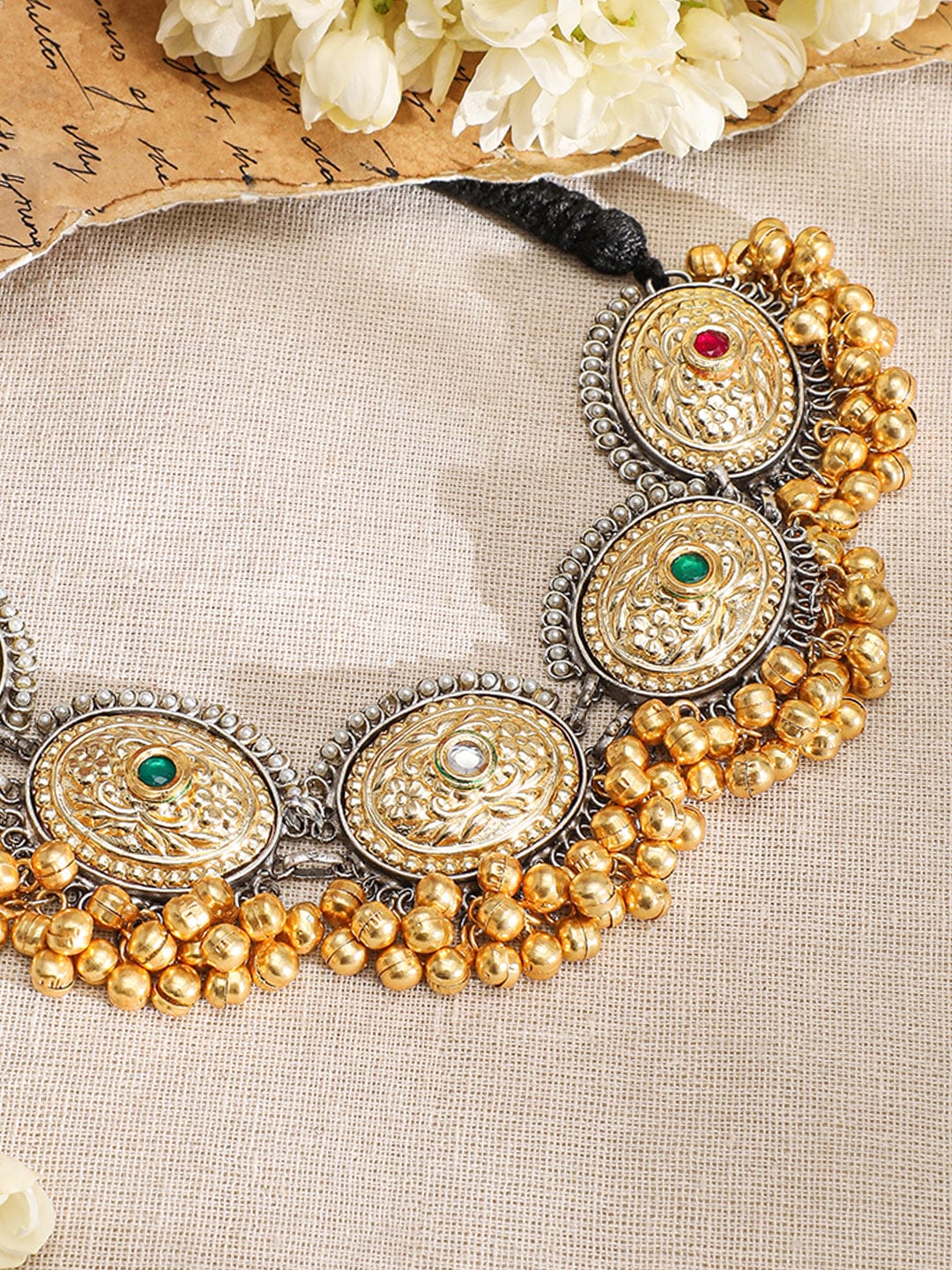 Rubans Oxidised Silver & 22K Gold-Plated Multicolored Stone Studded Traditional Necklace with Golden Beads Accents