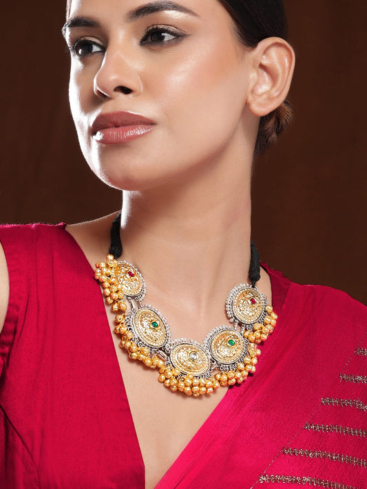 Rubans Oxidised Silver & 22K Gold-Plated Multicolored Stone Studded Traditional Necklace with Golden Beads Accents