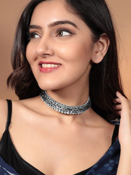 Rubans Oxidised Silver-Plated Antique Choker Necklace