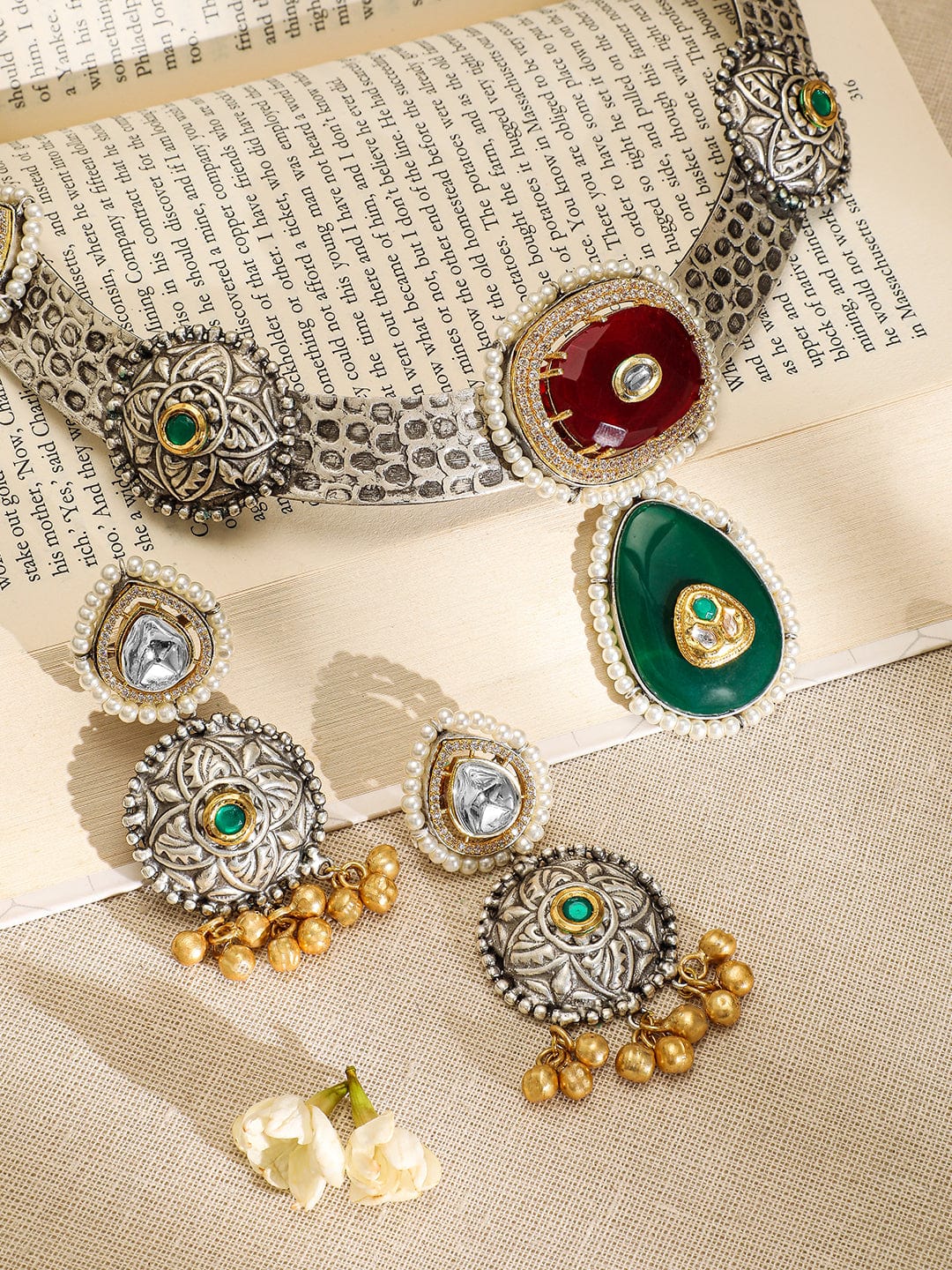 Rubans Oxidised Silver-Plated Choker Necklace Set with Ruby, Emerald, Pearl & Gold Beads