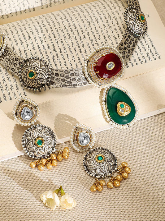 Rubans Oxidised Silver-Plated Choker Necklace Set with Ruby, Emerald, Pearl & Gold Beads