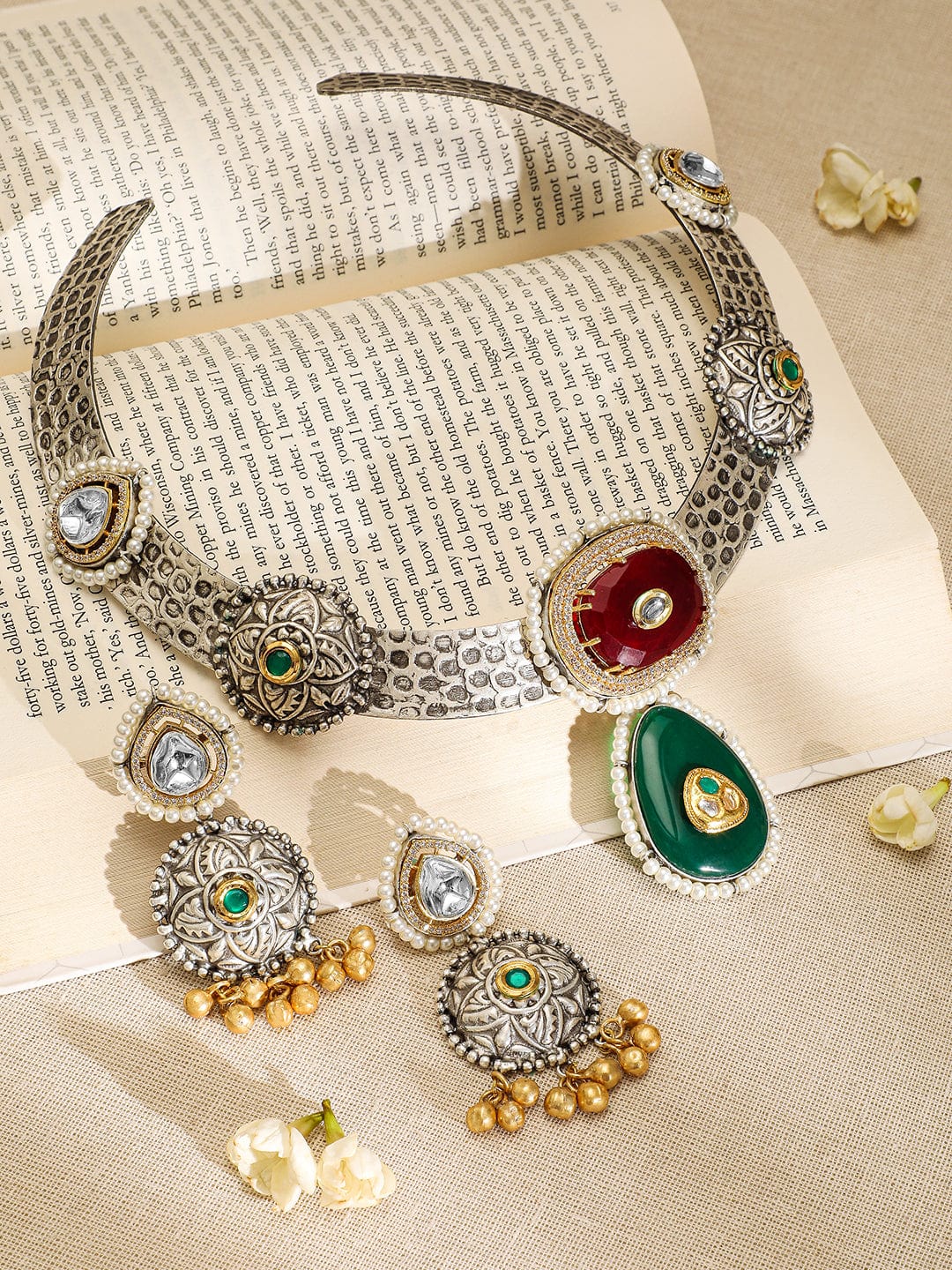 Rubans Oxidised Silver-Plated Choker Necklace Set with Ruby, Emerald, Pearl & Gold Beads