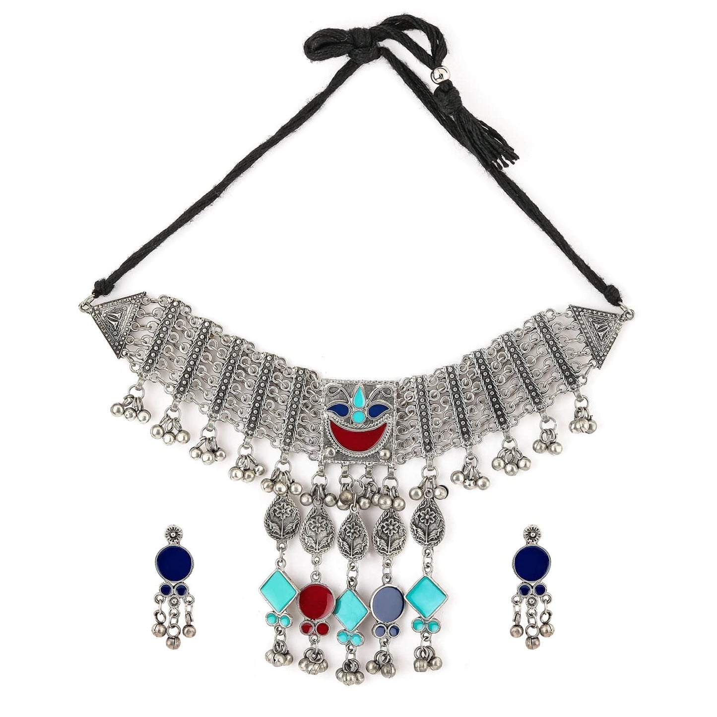 Rubans Oxidised Silver-Plated Choker Necklace Set with Vibrant Blue, Red & Turquoise Accents