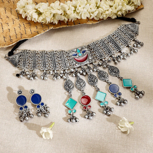 Rubans Oxidised Silver-Plated Choker Necklace Set with Vibrant Blue, Red & Turquoise Accents