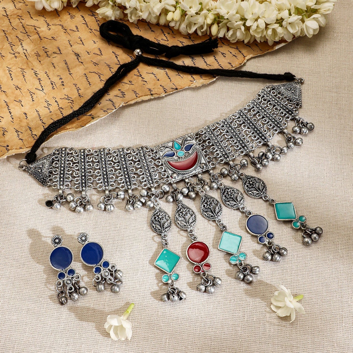 Rubans Oxidised Silver-Plated Choker Necklace Set with Vibrant Blue, Red & Turquoise Accents