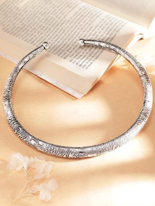 Rubans Oxidized Silver Plated Floral and Geometric Design Statement Choker Necklace