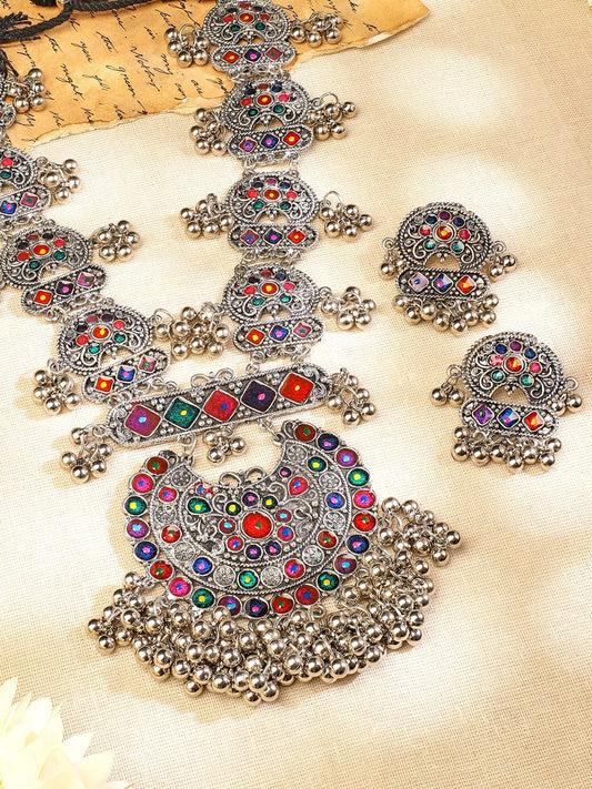 Rubans Oxidised Silver-Plated Multicolour Stone Studded Afghani Necklace Set with Ghungroo Drops for Women